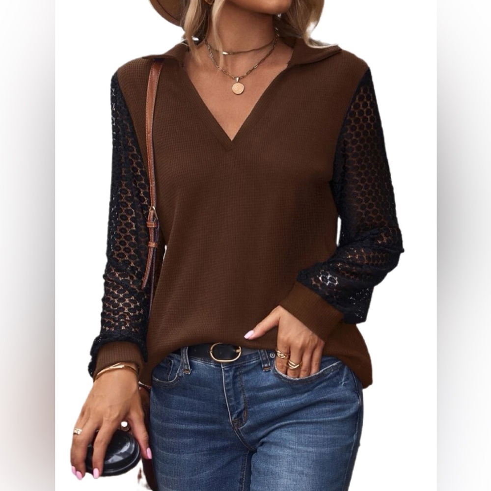 SHEIN Brown V-Neck Sweater with Black Lace Sleeves